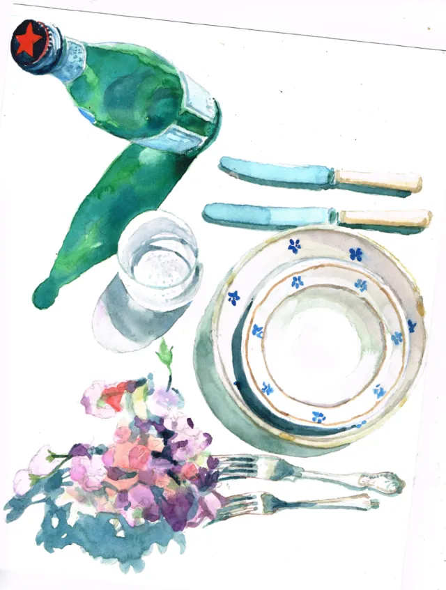 Watercolor painting showing plates, cutlery, water bottle, glass, and flowers on a white background.