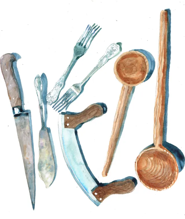 Watercolor vintage kitchen utensils including knives, forks, and ladles