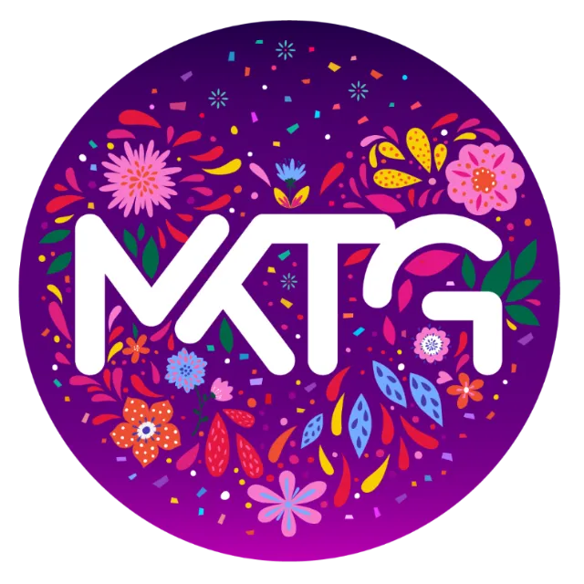 White MKTG letters with vibrant flowers on purple circle background