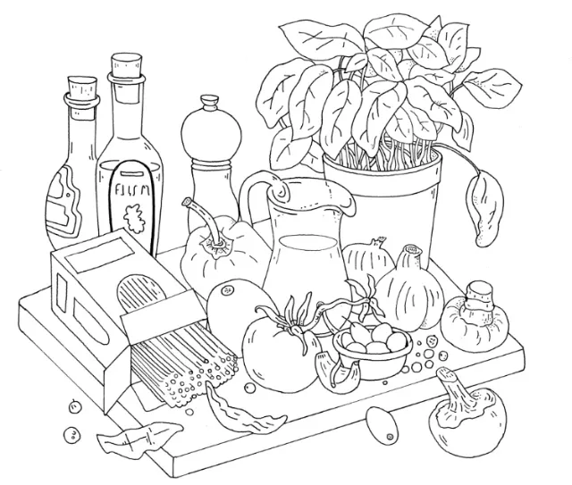 Line drawing of kitchen items including vegetables, bottles, and a potted plant