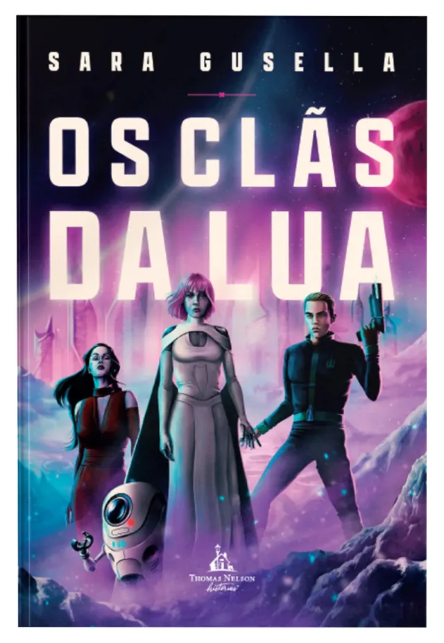 Sci-fi book cover showing three characters and a robot in a purple alien landscape