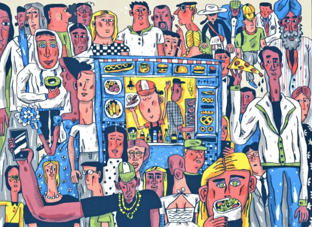 Cartoon diverse people surrounding a vending machine in bright colors