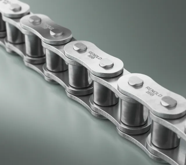 Close-up of a metal industrial roller chain