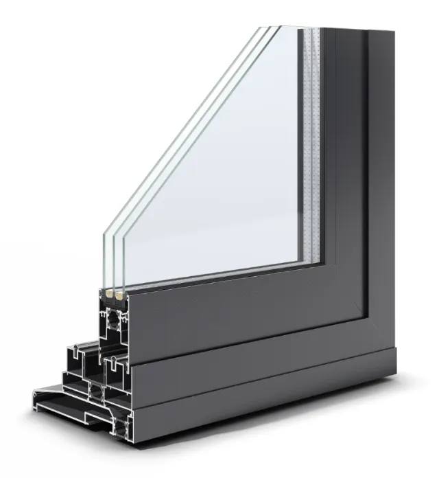 Close-up of black aluminum window frame corner with glass panel