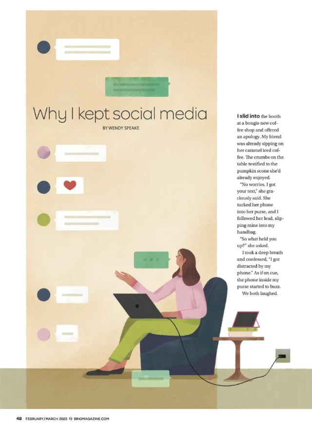 Young woman sitting with laptop surrounded by social media notifications