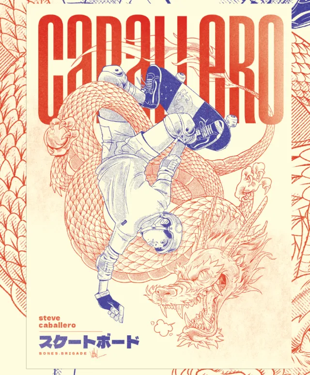 Illustration of skateboarder performing trick with dragon background