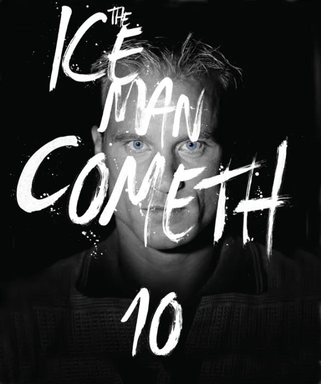 Black and white portrait of footballer with 'The Ice Man Cometh 10' text