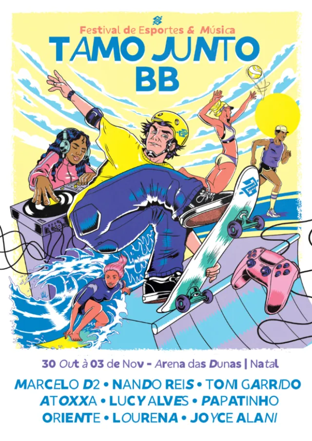 Illustration of esports and music festival with skateboarding and DJ.