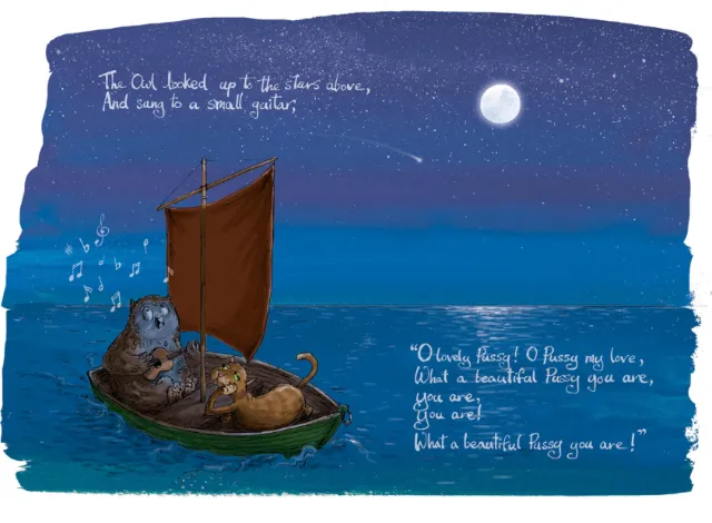 Owl and pussycat sailing under moonlit starry sky with poem text