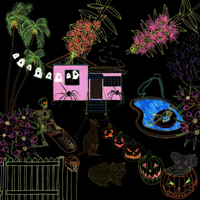 Halloween decorations with skeleton, jack-o-lanterns, and ghost lights outdoors