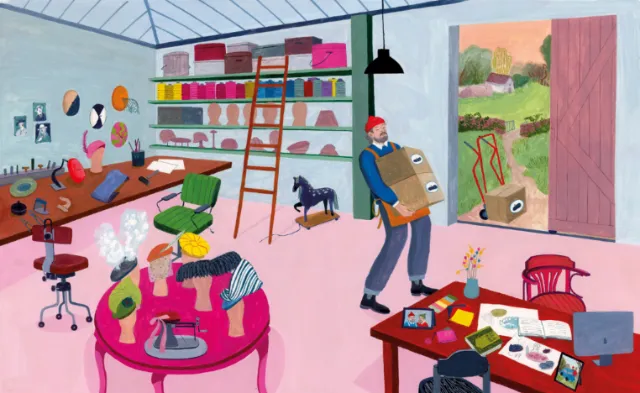 Illustrated artist studio with people, art supplies, and colorful décor