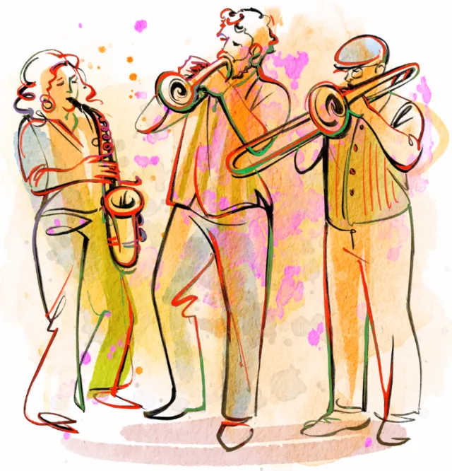 Klezmer musicians in a burst of color
