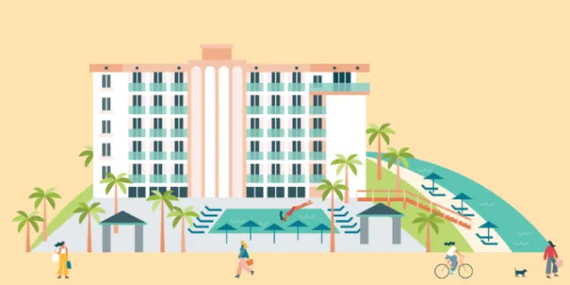 Resort with pool, palm trees, umbrellas, and people on slide and bike