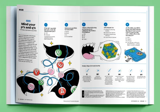 Editorial illustrations showing colorful shapes and diagrams in Rotary Magazine