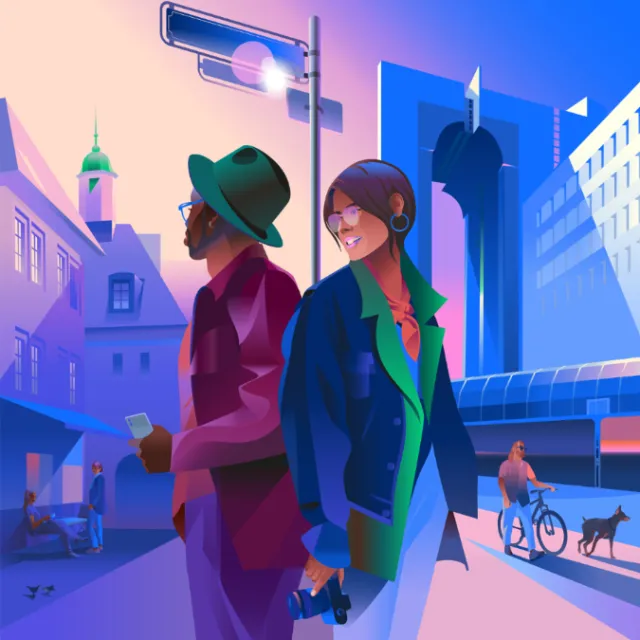 Man and woman standing back to back in colorful city setting