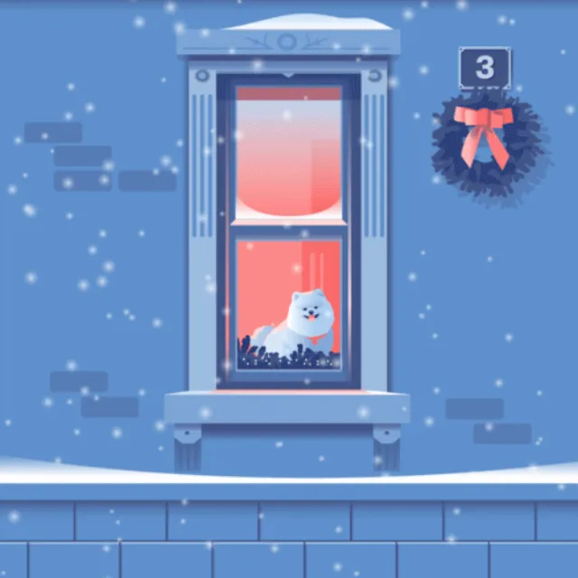White cat on windowsill inside snowy house with Christmas wreath outside