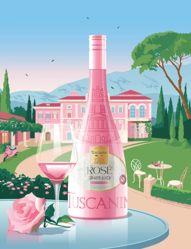Pink rosé wine bottle and glass in Tuscan garden setting