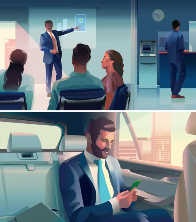Businessman presenting to audience and checking phone in car