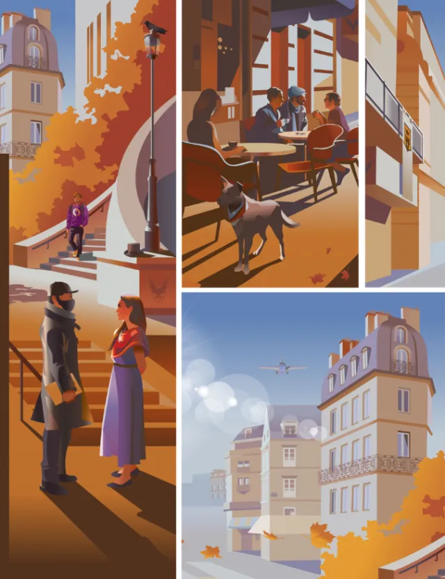 City street scenes in autumn with people, stairs, dog, and buildings.