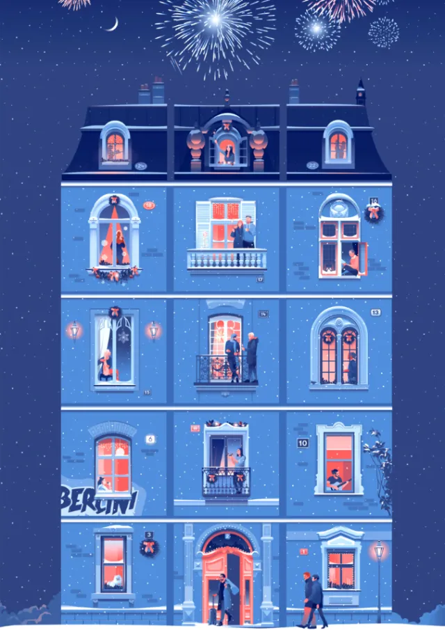 Blue building at night with people in windows and fireworks in the sky