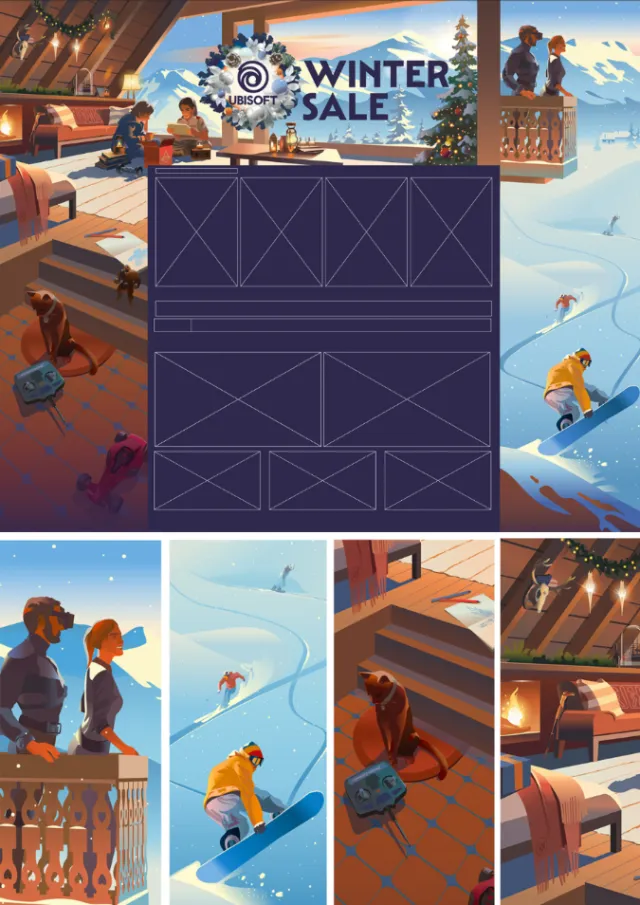 Winter sale banner with skiers and mountain lodge indoor scenes
