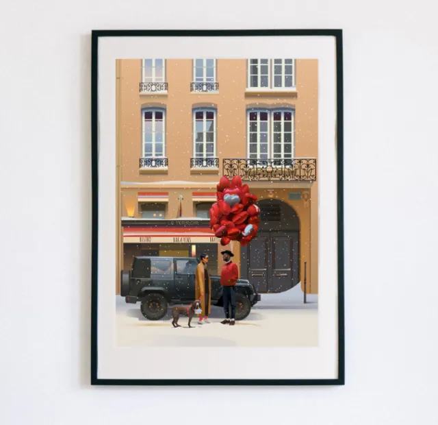 Person and dog on sidewalk with red heart balloons in front of a building