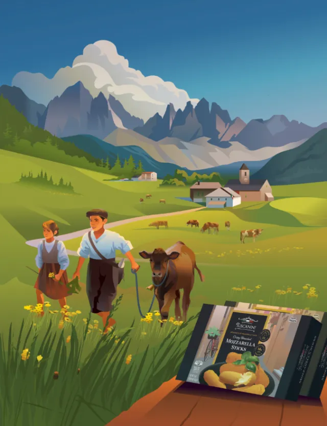 Farmers leading a cow in a meadow with mountains and village in background