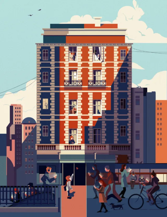 City building with pedestrians and bicyclists in warm sunlight