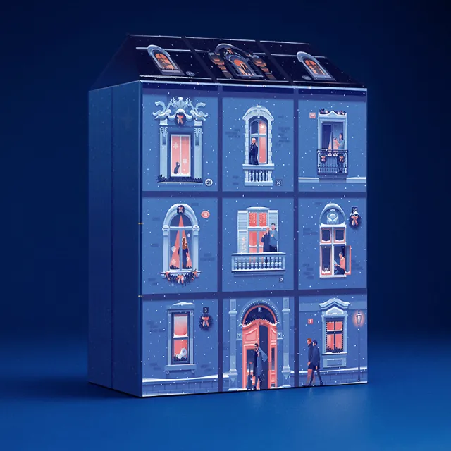 Blue dollhouse with lit windows and miniature figures inside