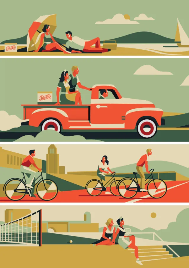 People picnicking, riding bikes, and playing volleyball in a park setting.