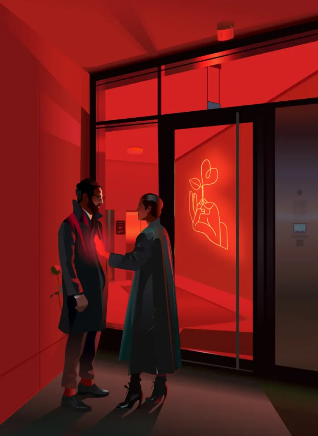 Two individuals conversing in red-lit hallway with neon plant artwork