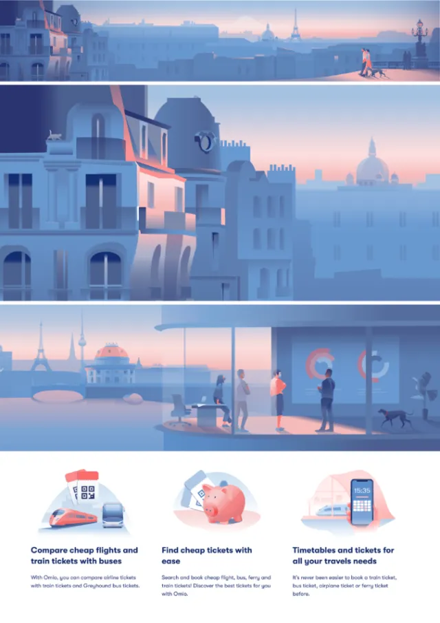 Cityscape at dawn with buildings and people waiting at bus stop