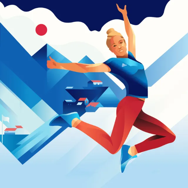 Woman jumping energetically with mountains and houses in the background