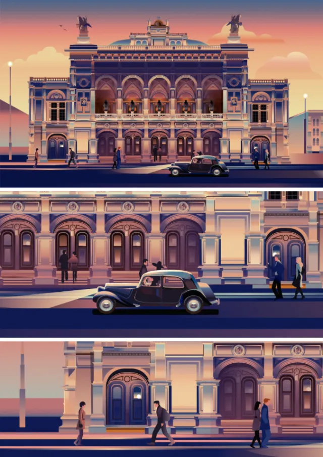 Historic theater facade with vintage cars and people walking at sunset