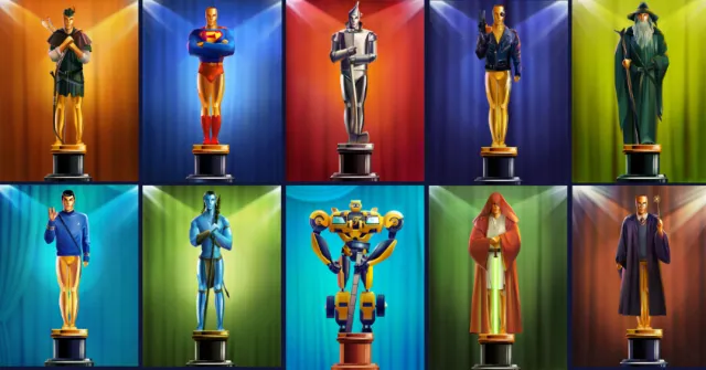 Ten vibrant character statues on individual pedestals with colorful backgrounds.