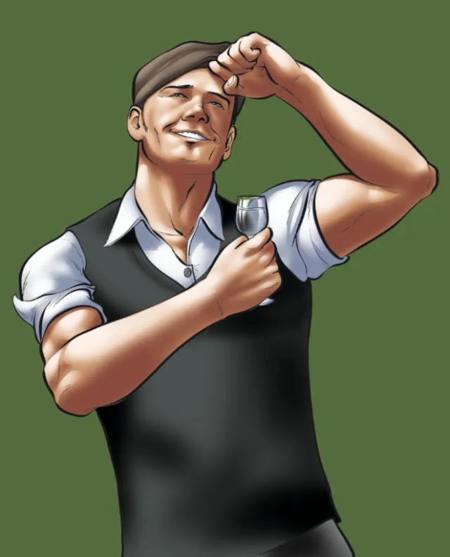 Man tipping beret and holding a small glass with a smile