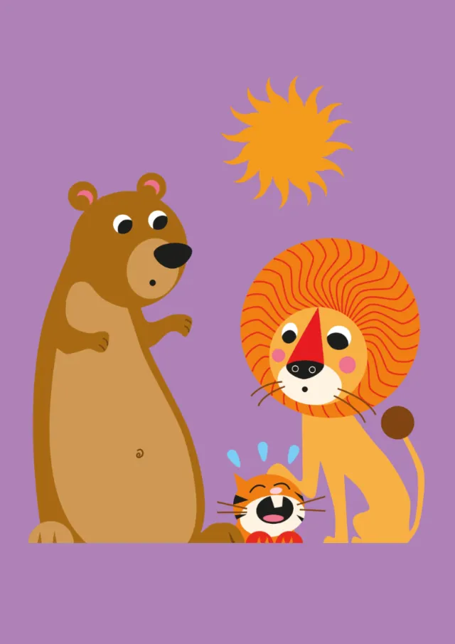 Cartoon bear, lion, and tiger cub standing under sun on purple background