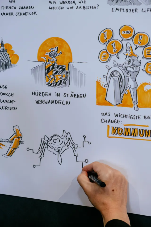 Hand drawing spider and communication illustrations in orange and black ink