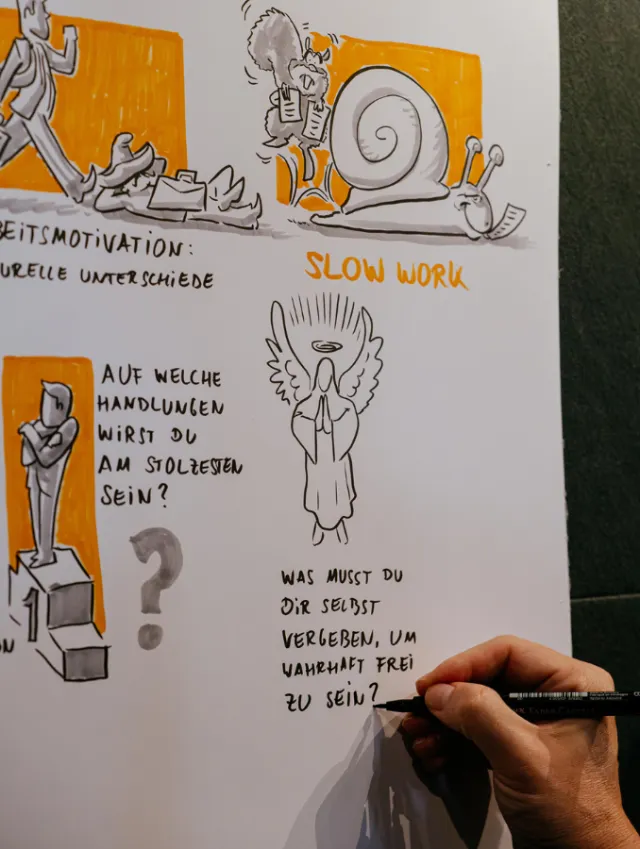 Hand drawing sketches with snail and German motivational quotes on paper.