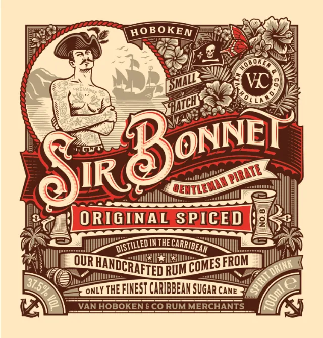Vintage-style rum label with sailor and ship illustration