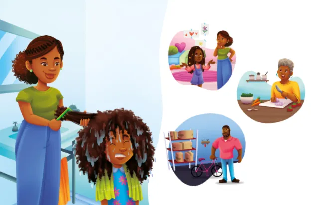 Hair stylist combing child's hair while family members think of her