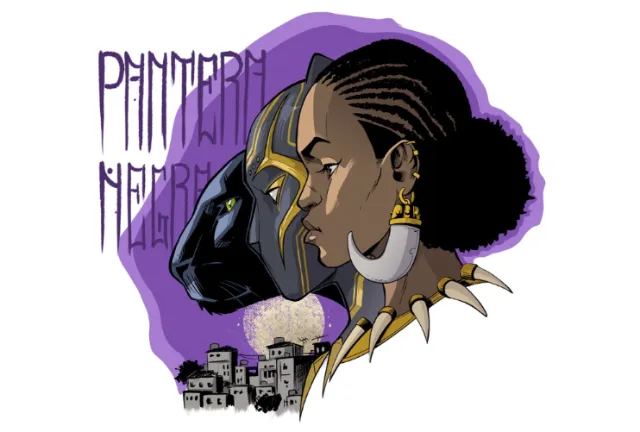 Woman with tribal earrings and Black Panther mask silhouette on purple background