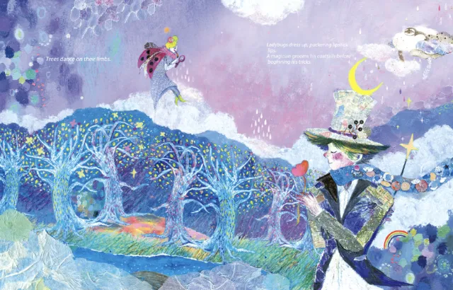 Whimsical fantasy scene with glowing blue trees and fantastical characters