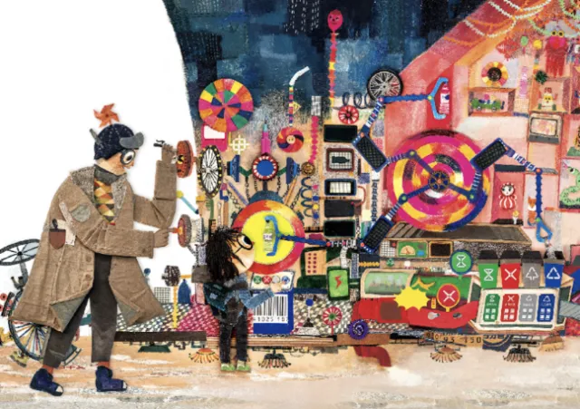 Person with dog interacting with complex colorful steampunk machine.