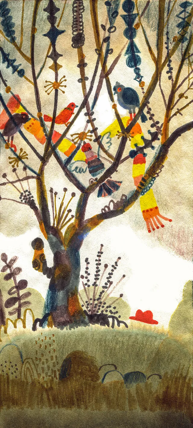 Whimsical tree with colorful birds by Tang Wei