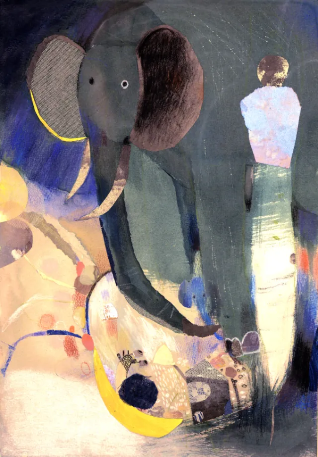Abstract painting with an elephant and a human figure in muted colors