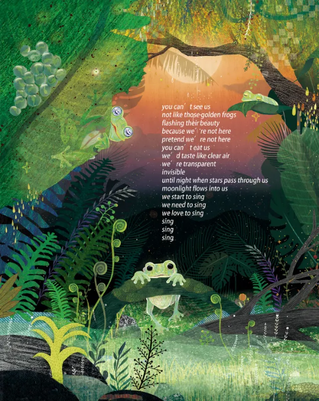 Green frog in vibrant forest with poem text in background