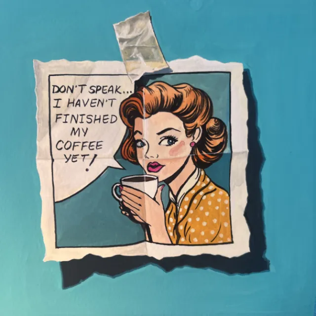 Retro woman holding coffee cup with speech bubble about coffee