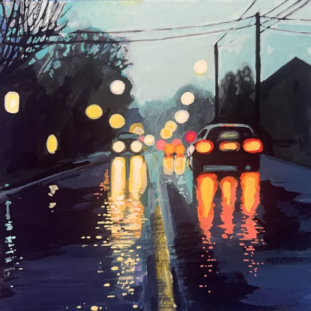 Rainy city street painting by KE Birch with glowing cars and reflections
