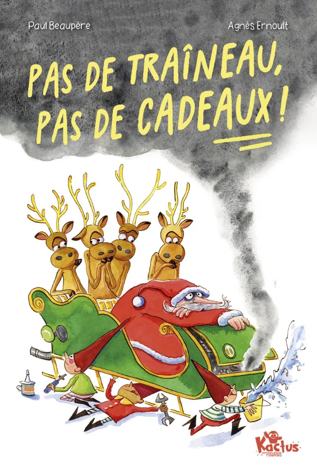 Santa in a broken sleigh with surprised reindeer and smoke
